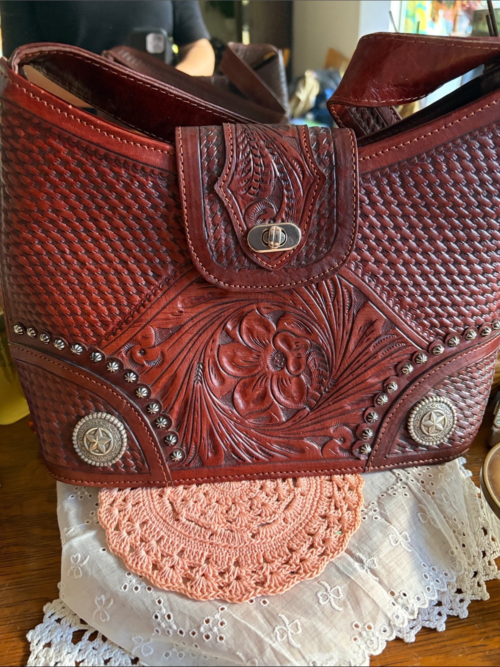 Hand-Tooled Floral Leather Shoulder Bag in Chestnut Brown